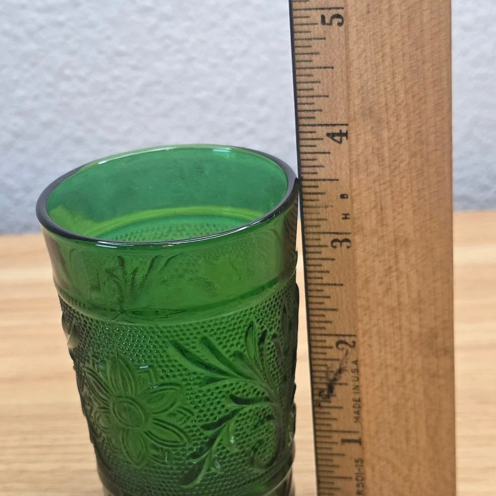 4 Vtg Anchor Hocking Forest Green Sandwich Glass Flat Juice Tumblers 3.5